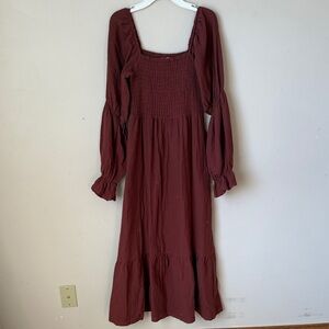 Baevely Long Sleeve Smocked Tiered Maxi Dress Cottagecore Burgundy Maroon Small